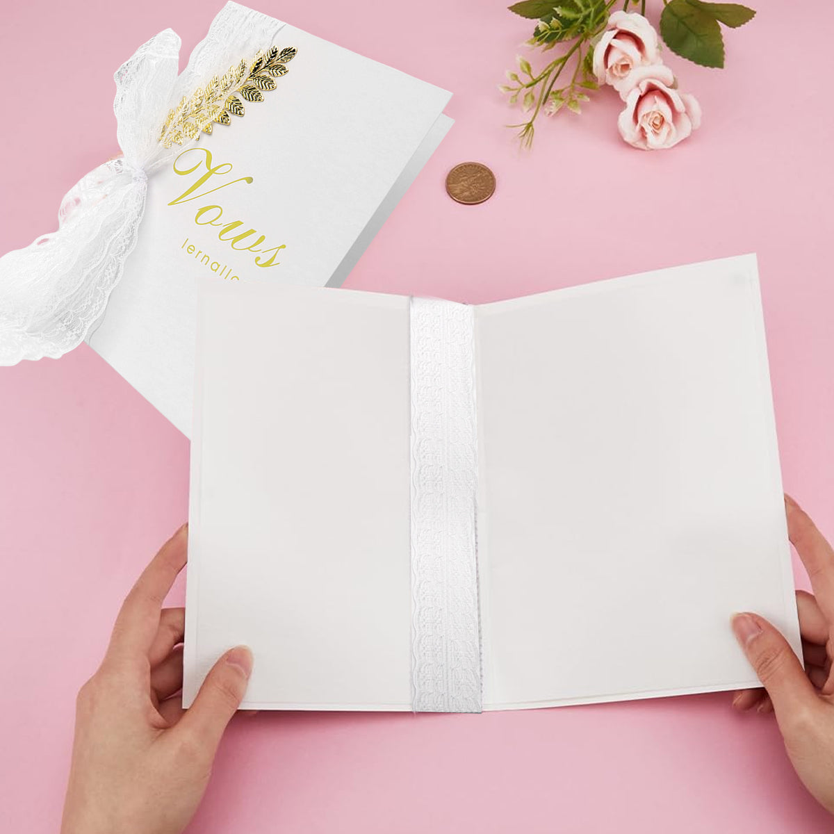 PATPAT Greeting Card for Love, 2Pcs Gold Foil Elegant Wedding Vow Cards with 2Pcs Key Pens, Love Cards Best Wishes Card For Weddings And More Note Card Congratulations Card Keepsake for Brides Grooms