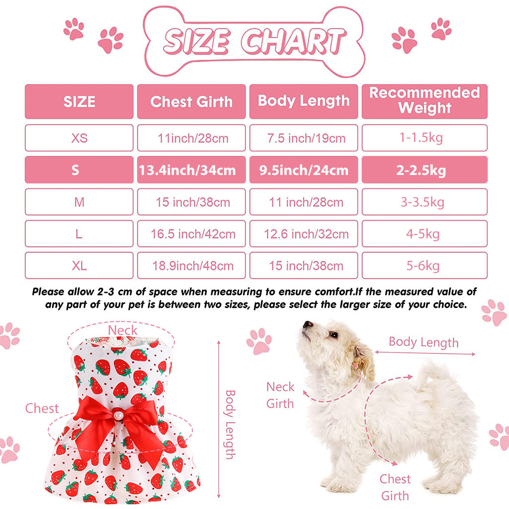 Qpets Summer Female Dog Dress for Small Dogs Kitten Clothing Cute Strawberry Bow Print Princess Dress for Puppies, Kittens, Chihuahua, Maltese, Pug, Papillon, Size S