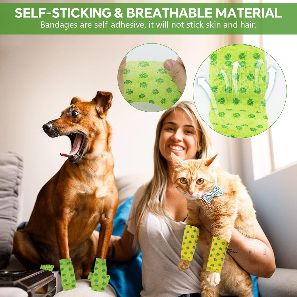 Qpets 6 Rolls Pet Crepe Bandage Bitter Flavored Anti-lick Bandages Non-woven Stretchy Injury Recovery Bandage Cartoon Print Self Adhesive Bandage Wrap, 3.94 inches Wide x 14.76 ft Long