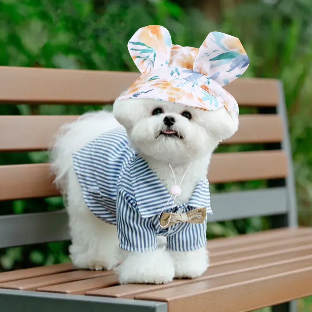 Qpets Small Dog Hat, Cute Puppy Sun Visor Hat with Bunny Ears Fashion Printed Sun Hat for Small Dogs with Chin Strap Dog Dressing Up Accessory Dog Hat for Party, Photography