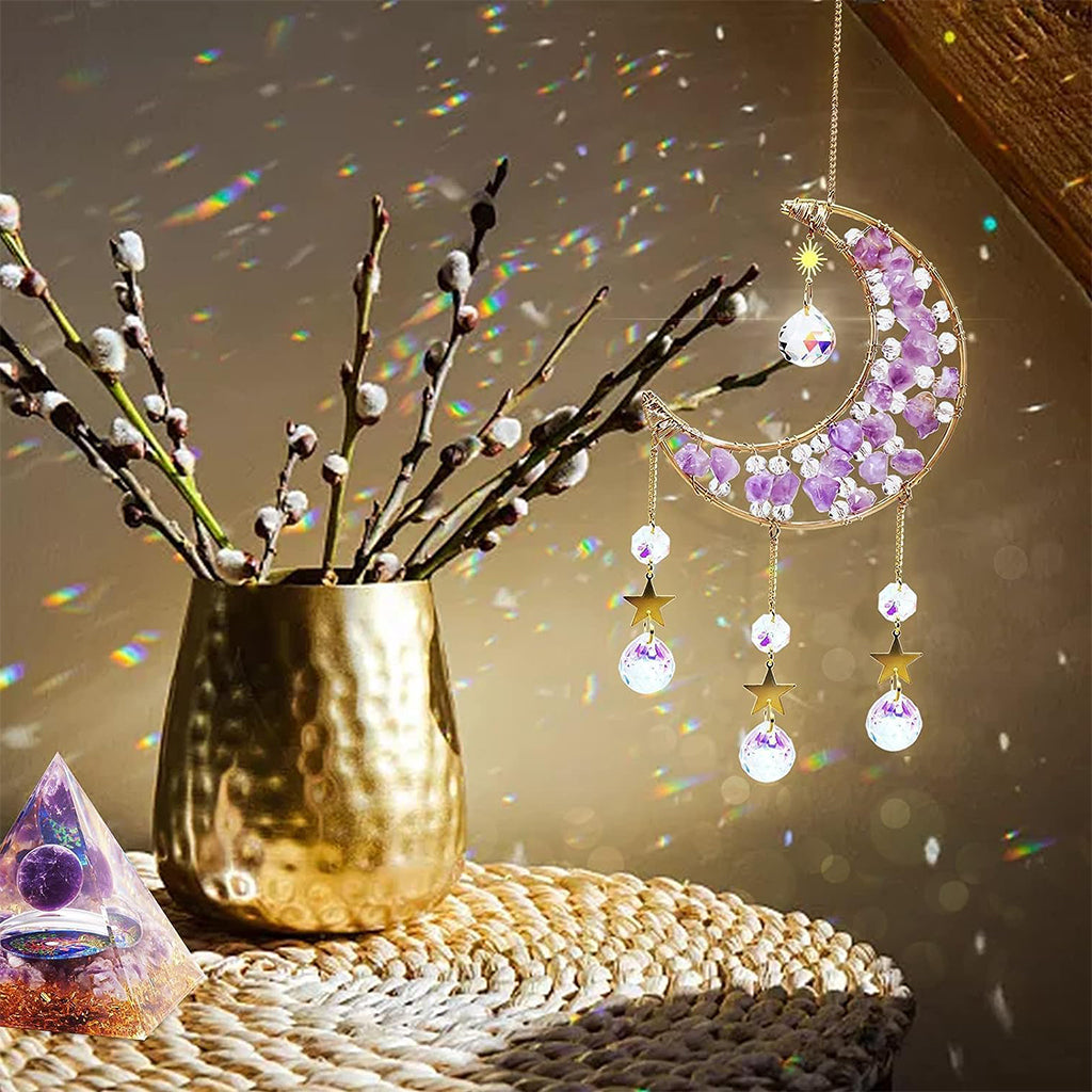 HASTHIP Sparkling Crystal Moon Charm for Home Decor 16.2 inches Decorative Purple Crystal Acrylic Crescent Hanging Charm Auspicious Home Gift Wall Hangings Car Charm