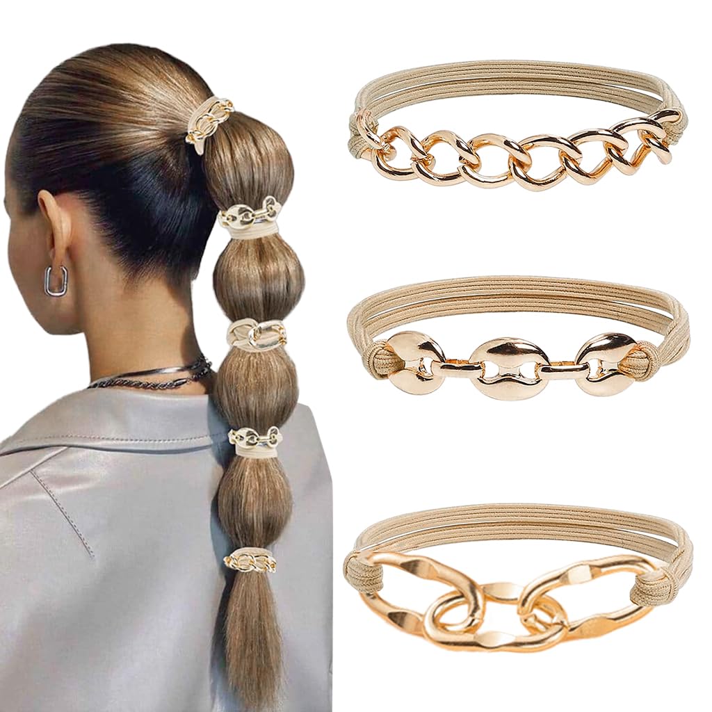 PALAY 3Pcs Girls Hair Elastics Fashion Hair Ties Golden Metal Chain Charm Hair Ties Hair Bands Ponytail Elastics Fashion Hair Ties Wristbands Gift for Girls Friendship Hair Ties