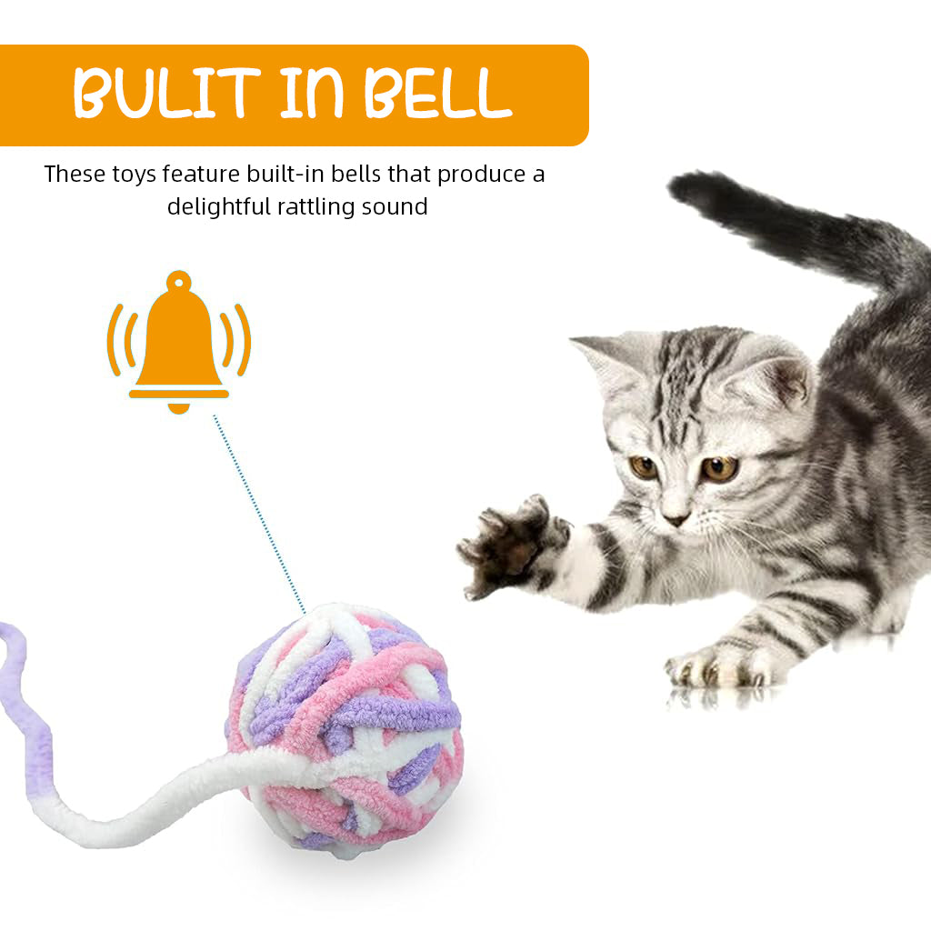 Qpets Plush Cat Ball Toys, Rattling Cat Teasing Toys with Built in Bell, Colorful Woolen Ball Toy Sound Toys (3Pcs)