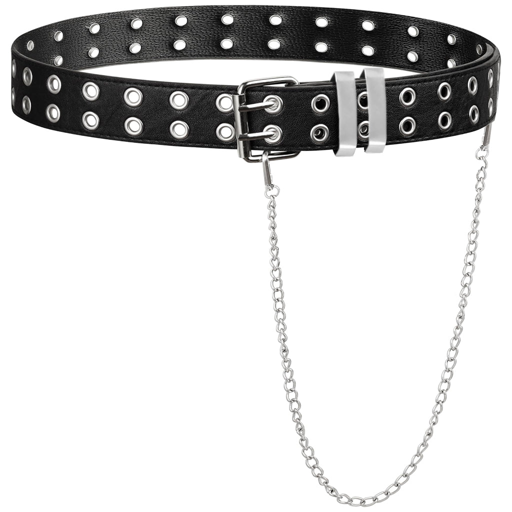 ZIBUYU Women Belt Punk Belt with Hip Chain 43 inches Women Belt Dual Row Hole Design PU Leather Belt Chic Women Belt for Pants Jeans Skirt