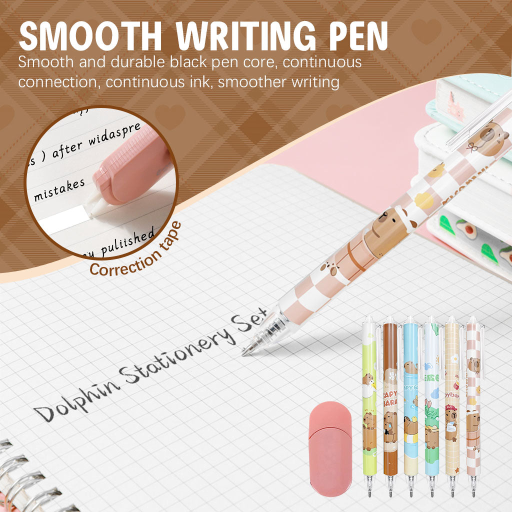 Climberty Capybara Stationery Set for Students & School Gift, 64 Pcs Adorable Cartoon Supplies with Pens, Pencil Bag, Stickers, Correction Tape, Sticky Notes & Capybara Backpack Charm