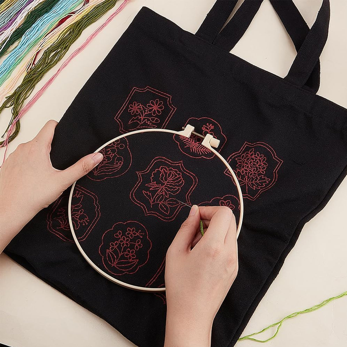 PATPAT DIY Embroidery Canvas Tote Floral Embroidery Canvas Shoulder Bag Embroidery Artcraft Material Pack with 35x33cm Canvas Bag & Color Yarns, Needles, Hoop and Tools DIY Embroidery Book Bag