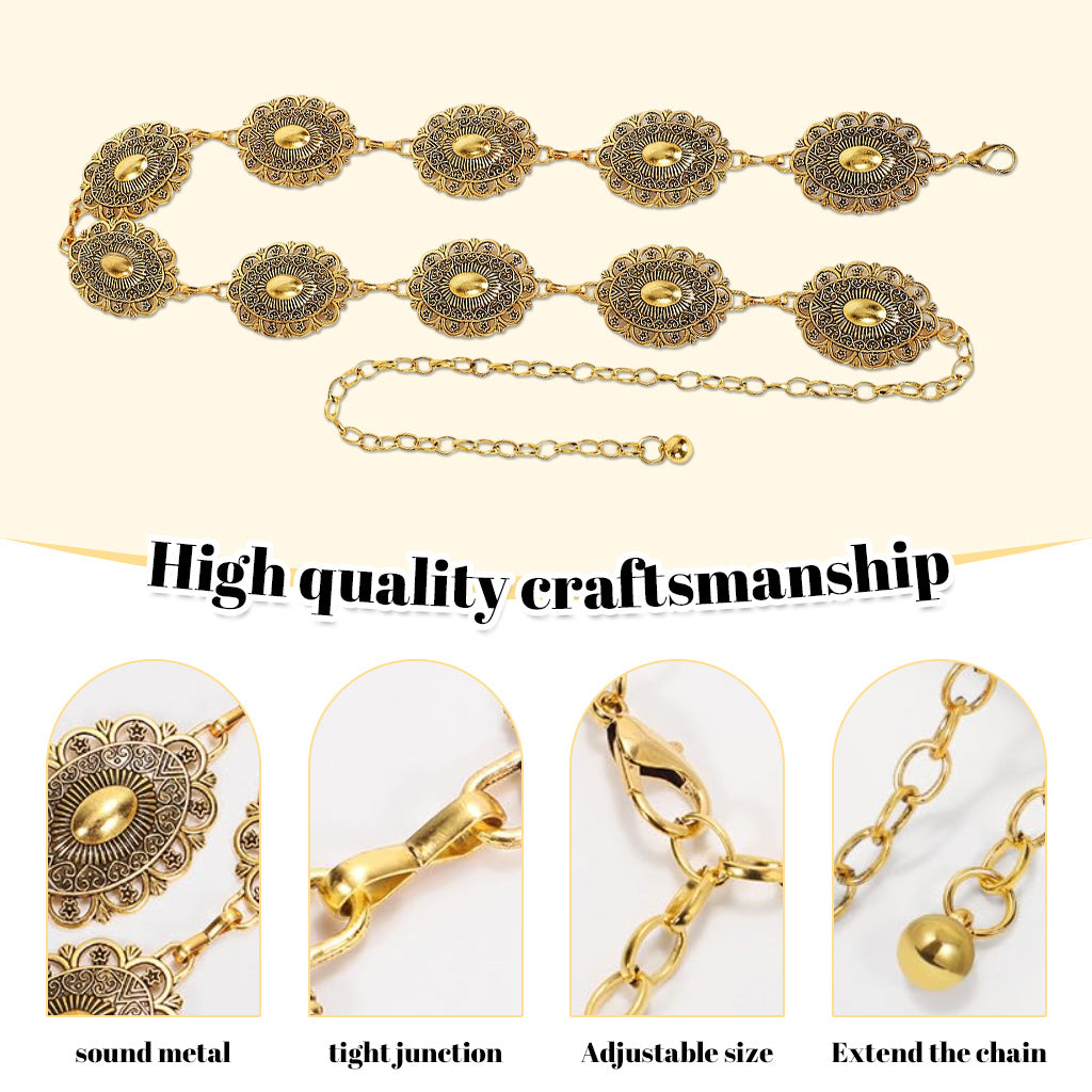 SANNIDHI Boho Waist Belt for Women Vintage Cutout Metal Concho Belt Saree Waist Belt Metal Concho Belt Western Fashion Conchos Adjustable Women Waist Belt