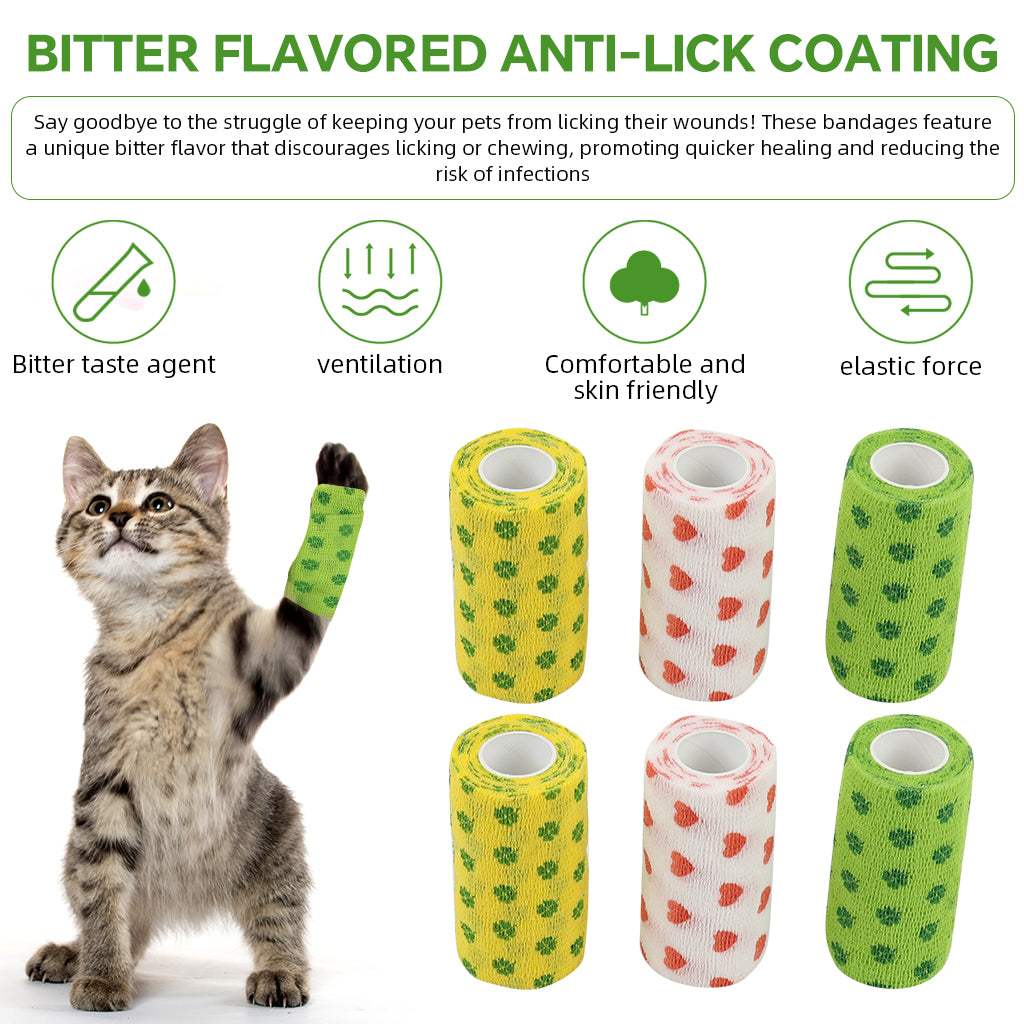 Qpets 6 Rolls Pet Crepe Bandage Bitter Flavored Anti-lick Bandages Non-woven Stretchy Injury Recovery Bandage Cartoon Print Self Adhesive Bandage Wrap, 2.95 inches Wide x 14.76 ft Long