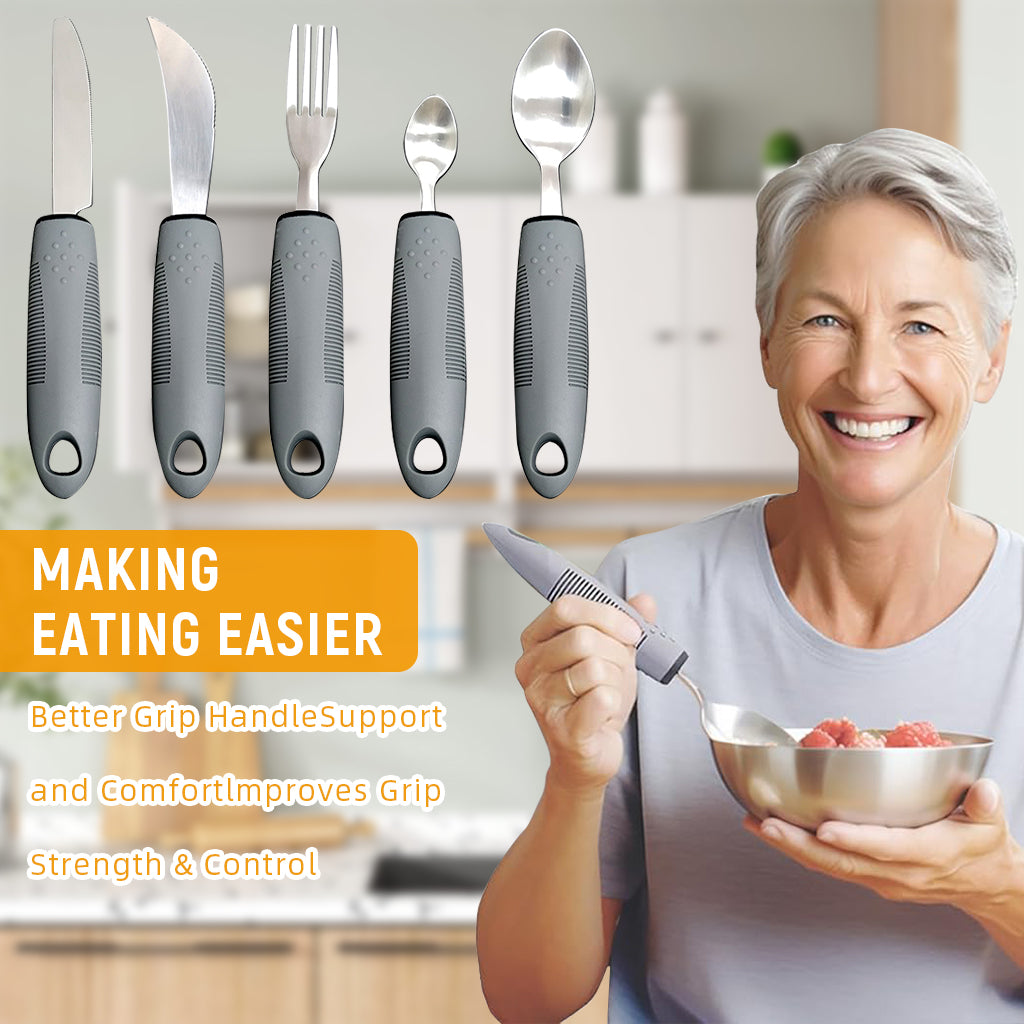 HASTHIP Set of 5 PCS Adaptable Cutleries Bendable Stainless Steel Fork Spoon Soup Spoon Table Cutter Anti-slip Handle Design with Elastic Strap Cutleries Set for Patients