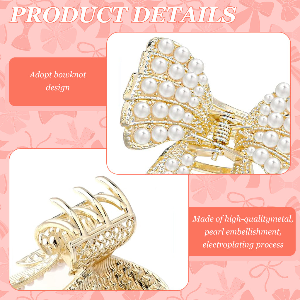 ZIBUYU Small Pearl Bow Hair Accessories for Women Wedding, Bow Hair Clips for Women, Golden Alloy Half Updo Hair Charm Fashion Meta Hair Clips for Girls Women