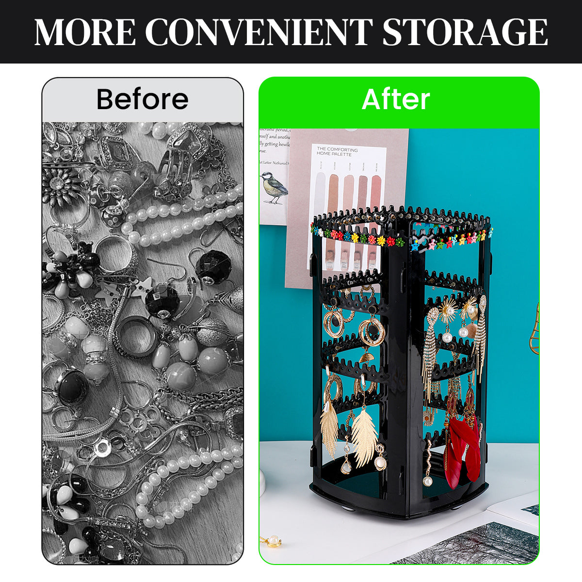 HASTHIP 360 Rotating Earring Holder and Jewelry Organizer, 4 Tiers Jewelry Rack Display Classic Stand, 156 Holes and 160 Grooves for Necklaces Earrings Piercings (Black)