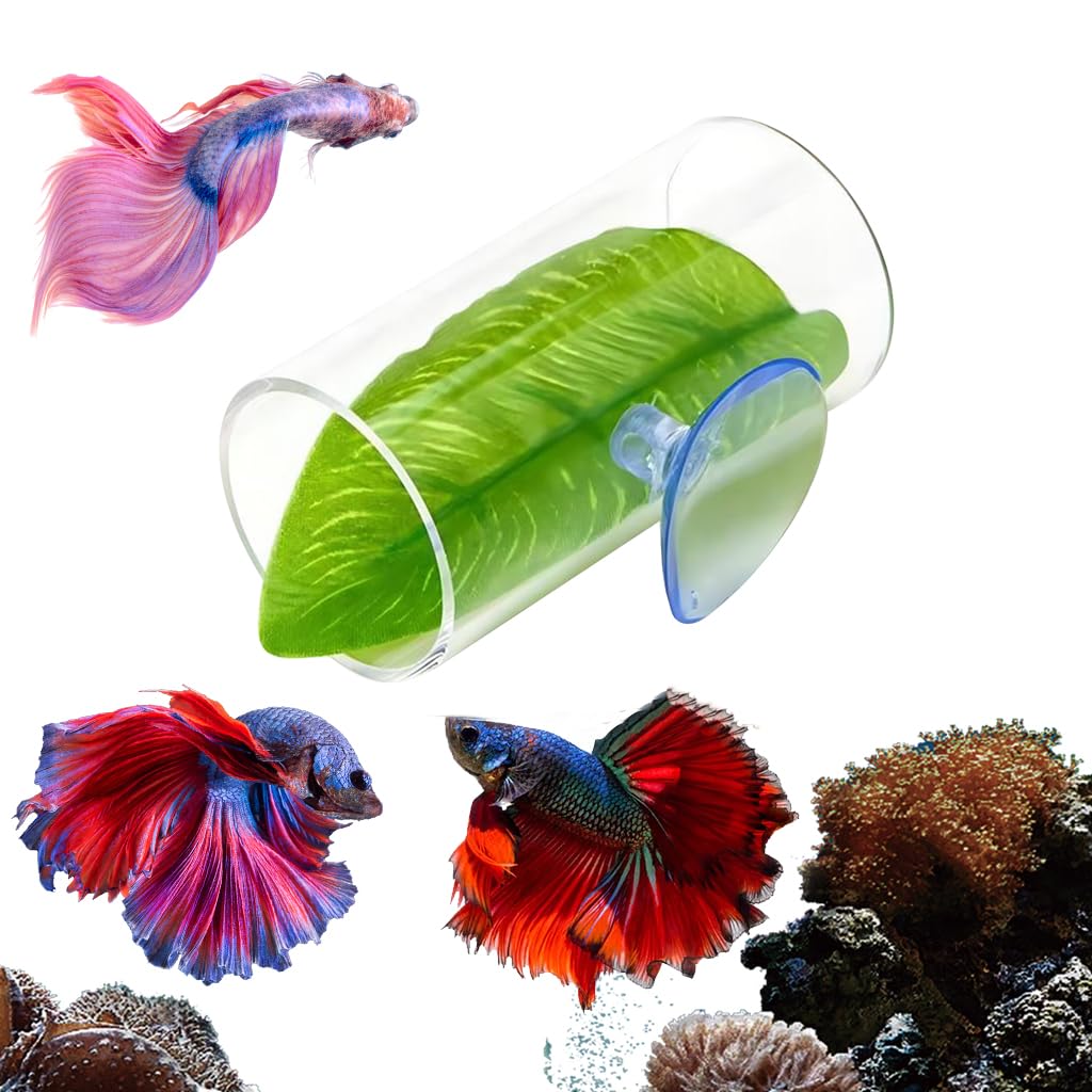Qpets Betta Fish Hiding Cave, 3'' Acrylic Hiding Tunnel for Betta Fish Hiding Tube Cave Fish Tank Green Leaf Decorative Betta Fish Hiding Cave with Suction Cup Fish Tank Decorative Accessories