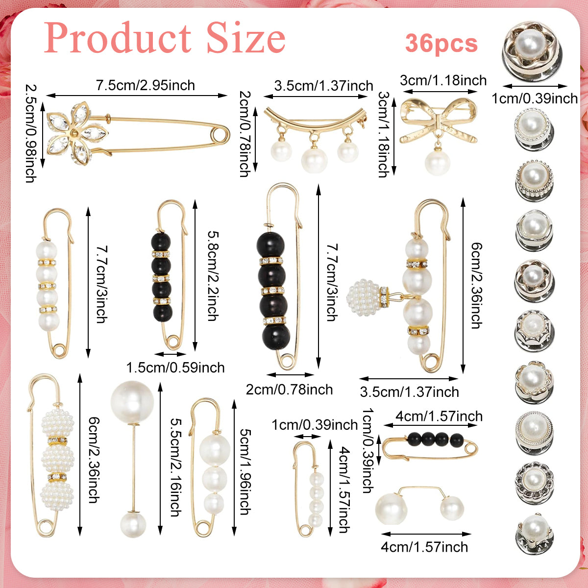 SANNIDHI 36Pcs Brooch Pin for Women Girls Pearl Saree Pin for Pleats Metal Brooch Buttons Anti Exposure Neckline Safety Pins for Clothing Dress Pants Skirt Sweater Shawl Party Decorations