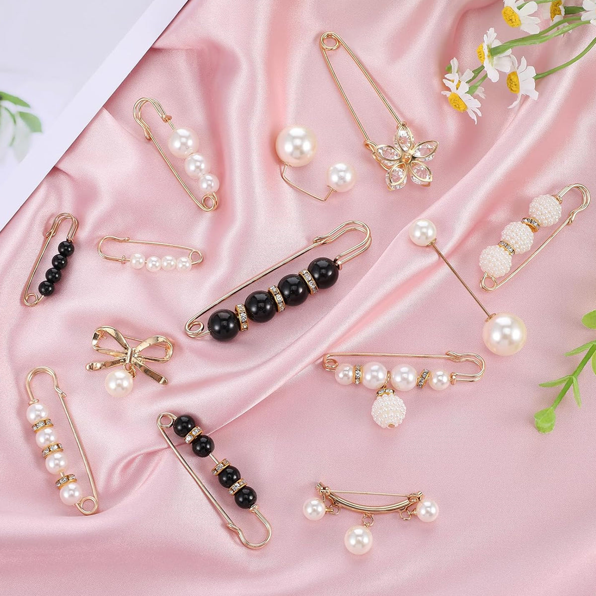SANNIDHI 36Pcs Brooch Pin for Women Girls Pearl Saree Pin for Pleats Metal Brooch Buttons Anti Exposure Neckline Safety Pins for Clothing Dress Pants Skirt Sweater Shawl Party Decorations