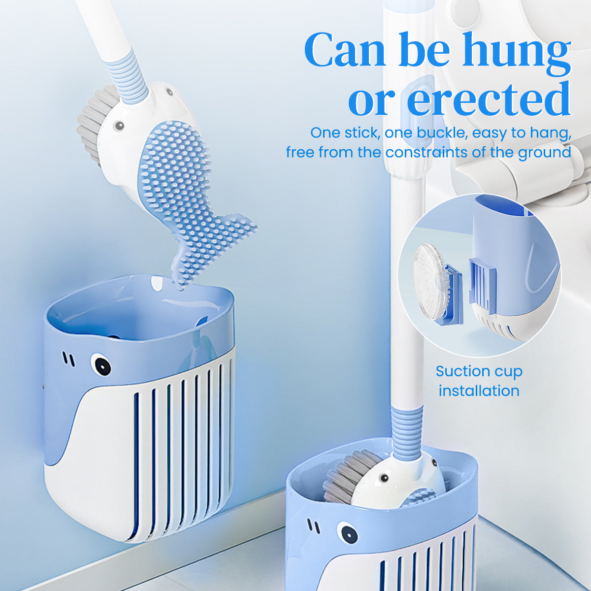 HASTHIP Toilet Brush with Suction Cup Drip Holder 2 in 1 Double Sides Toilet Brush with Intergrated Cleaning Agent Dispenser Flexible Silicone Whale-Tail Toilet Brush Cleaning Brush, 16 inches