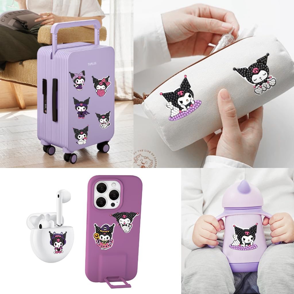 PATPAT DIY Diamond Painting Art Kit Kuromi Diamond Stickers DIY Material Kit with Tools 12Pcs DIY Diamond Painting Cartoon Kuromi Kawaii Stickers for DIY Crafts, Scrapbooking