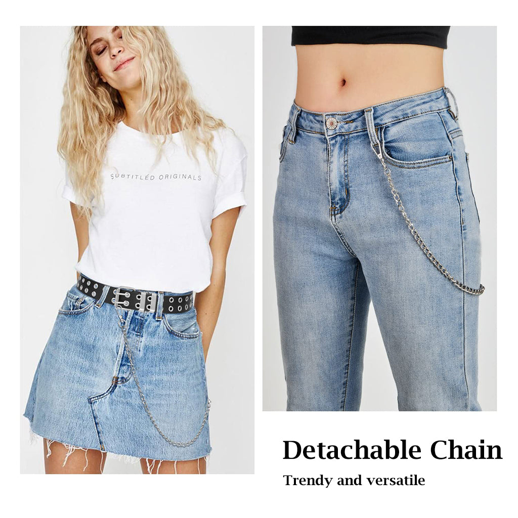 ZIBUYU Women Belt Punk Belt with Hip Chain 43 inches Women Belt Dual Row Hole Design PU Leather Belt Chic Women Belt for Pants Jeans Skirt