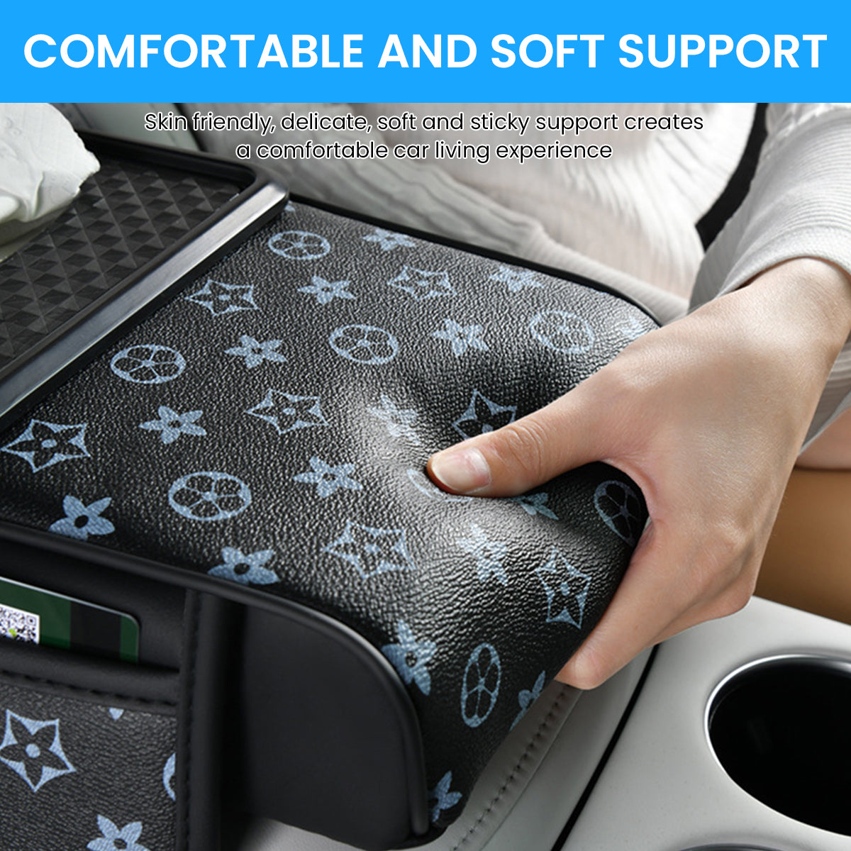 STHIRA PU Armrest for Car Center Console 4 in 1 Armrest Pad with Cup Holder Tissue Paper Box & Pocket Fashion Printed Car Center Console Armrest Universal Car Armrest Cushion