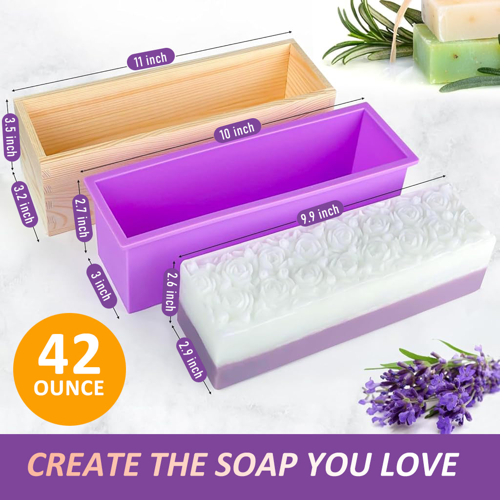 HASTHIP Silicone Soap Mold With Wooden Box, 1200g/42Oz Large Capacity Flexible Rectangular Loaf Mold, Stainless Steel Wavy + Straight Scraper for Soaps Making