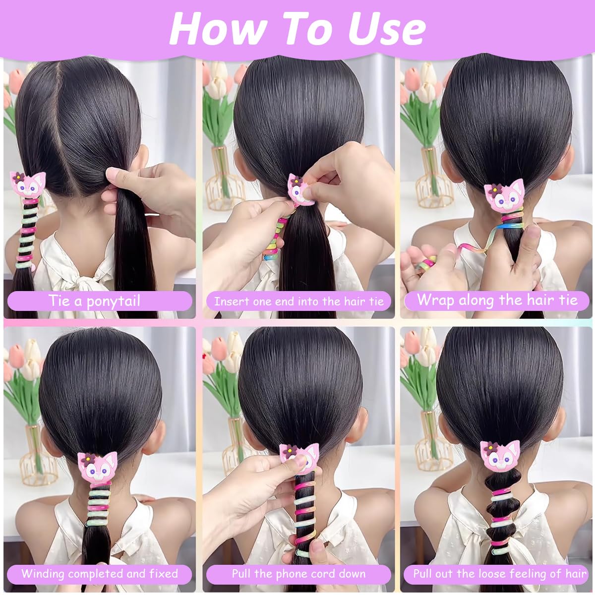 PALAY 6Pcs Telephone Wire Hair Band for Kids Cartoon Spiral Hair Ties Cute Kids Hair Accessories for Girls Kawaii Spring Rubber Bands for Hair Braids Ponytail Maker