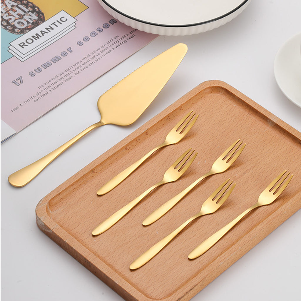 HASTHIP Cake Server Cake Forks Combo Set Stainless Steel Cake Slice & 5Pcs Dessert Forks, 2 in 1 Serrated Cake Cutter Slice 5.2 inches Cake Forks, Birthday Party Supplies Kitchen Supplies, Golden