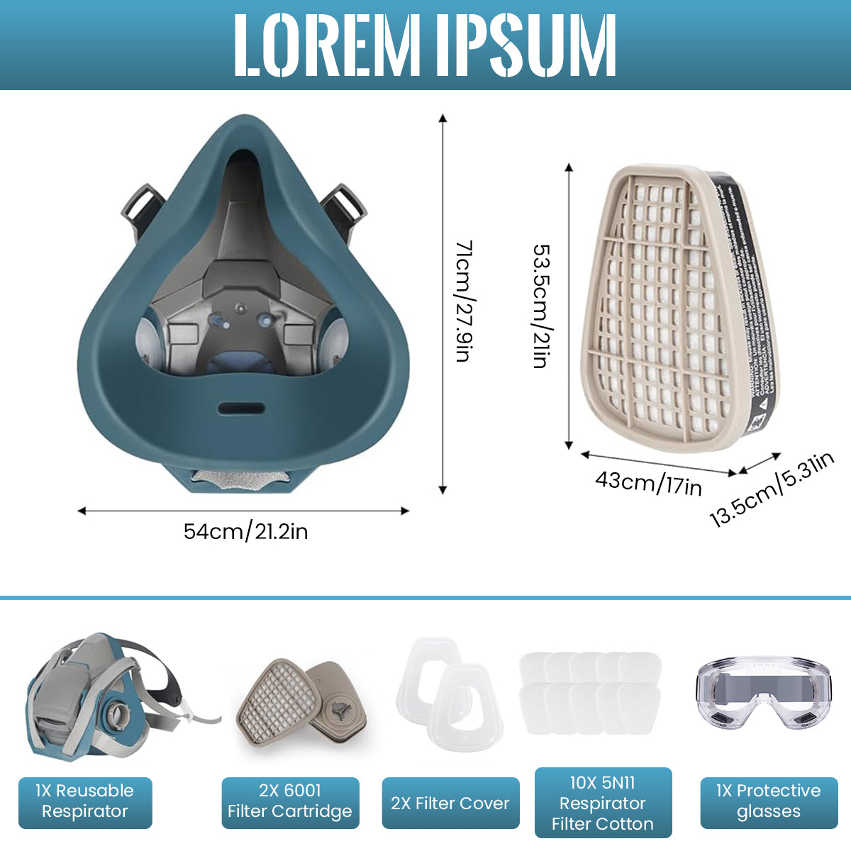 Serplex Respirator Mask & Protective Goggles Dual Way Gas Mask Kit Industrial Filtration Level Dustproof Respirator Mask with 10Pcs Replacement Filter Pads