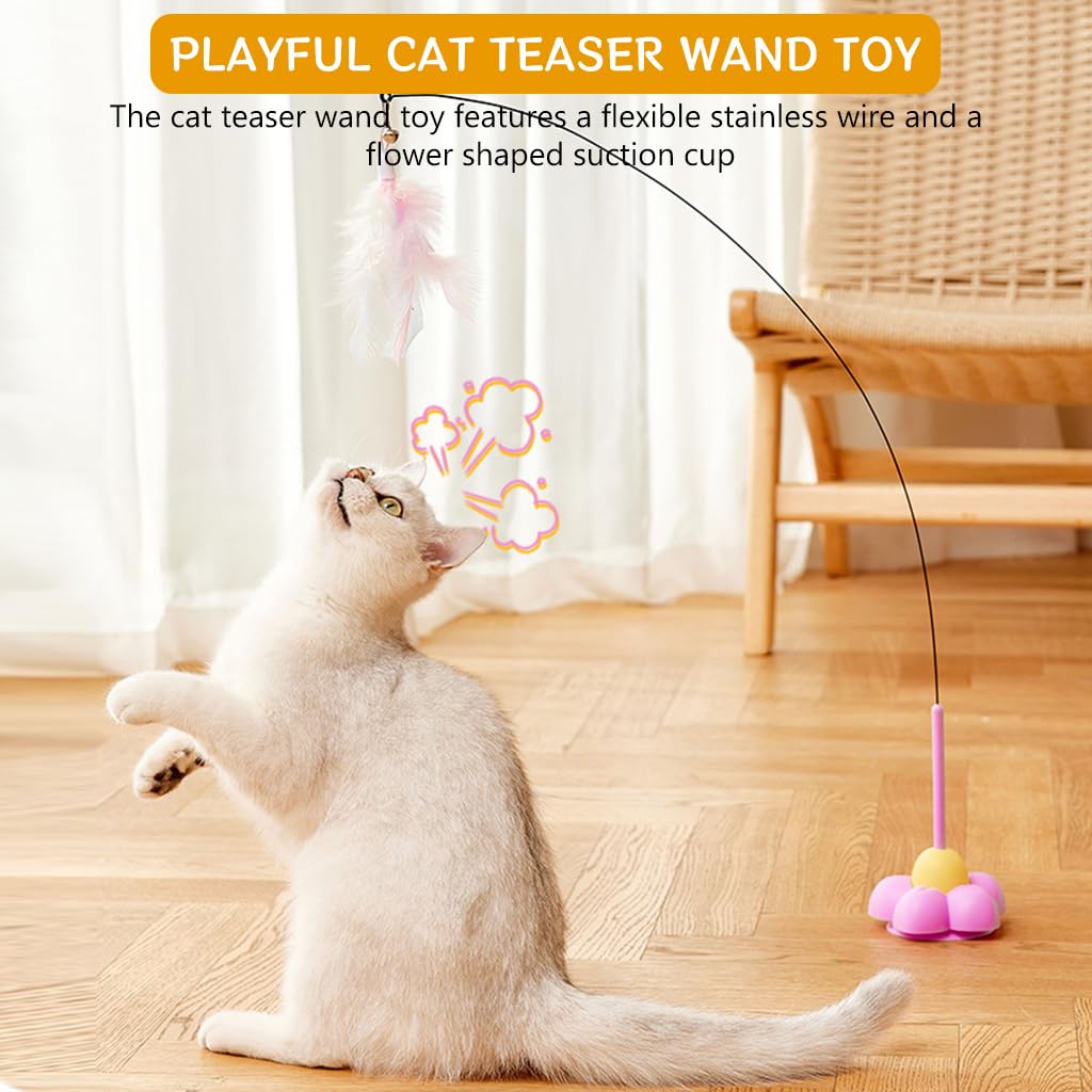 Qpets Cat Toy Cat Teaser Wand with Suction Cup Cute Flower Suction Base Floor Self-entertainment Cat Teaser Toy with Color Feather Charm Cat Toy Interactive Cat Toy Wand Kitten Toys for Indoor Cats