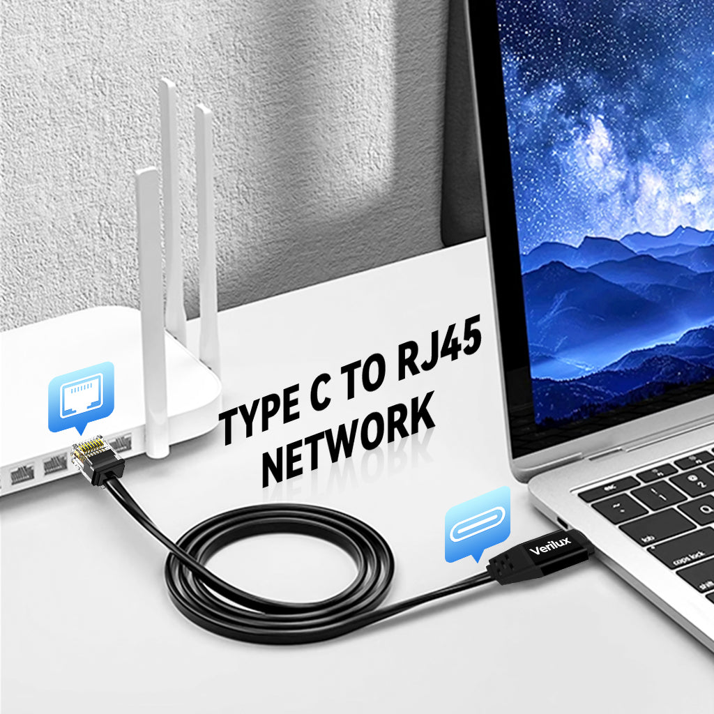 Verilux Type C to RJ45 NIC Adapter Cable 6.6ft Ethernet Cable High Speed 100Mbps 100Mbps RTL8152B NIC Chip, Wired Internet Connection Cable Compatible with Laptop, Tablets, Phone
