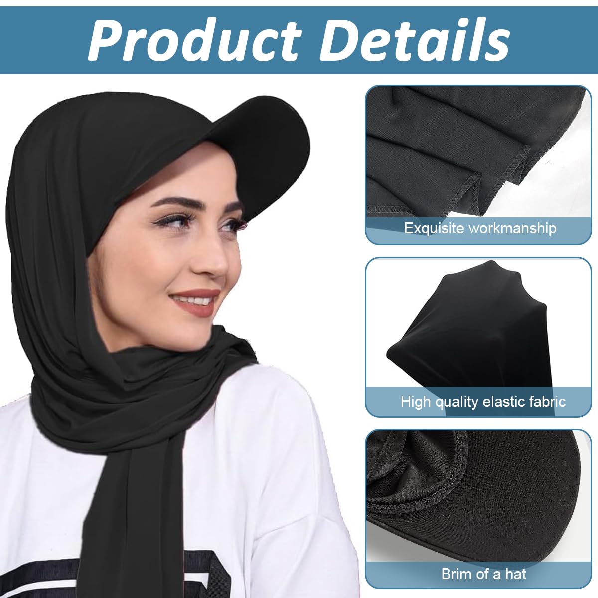 PALAY Hijab Fashion Sun Hat for Women Fashion Solid Color Wrap Up Hijab with Hat Brim Hijab Sun Visor Breathable Hijab Shawl, 62.99 x 22 Inches