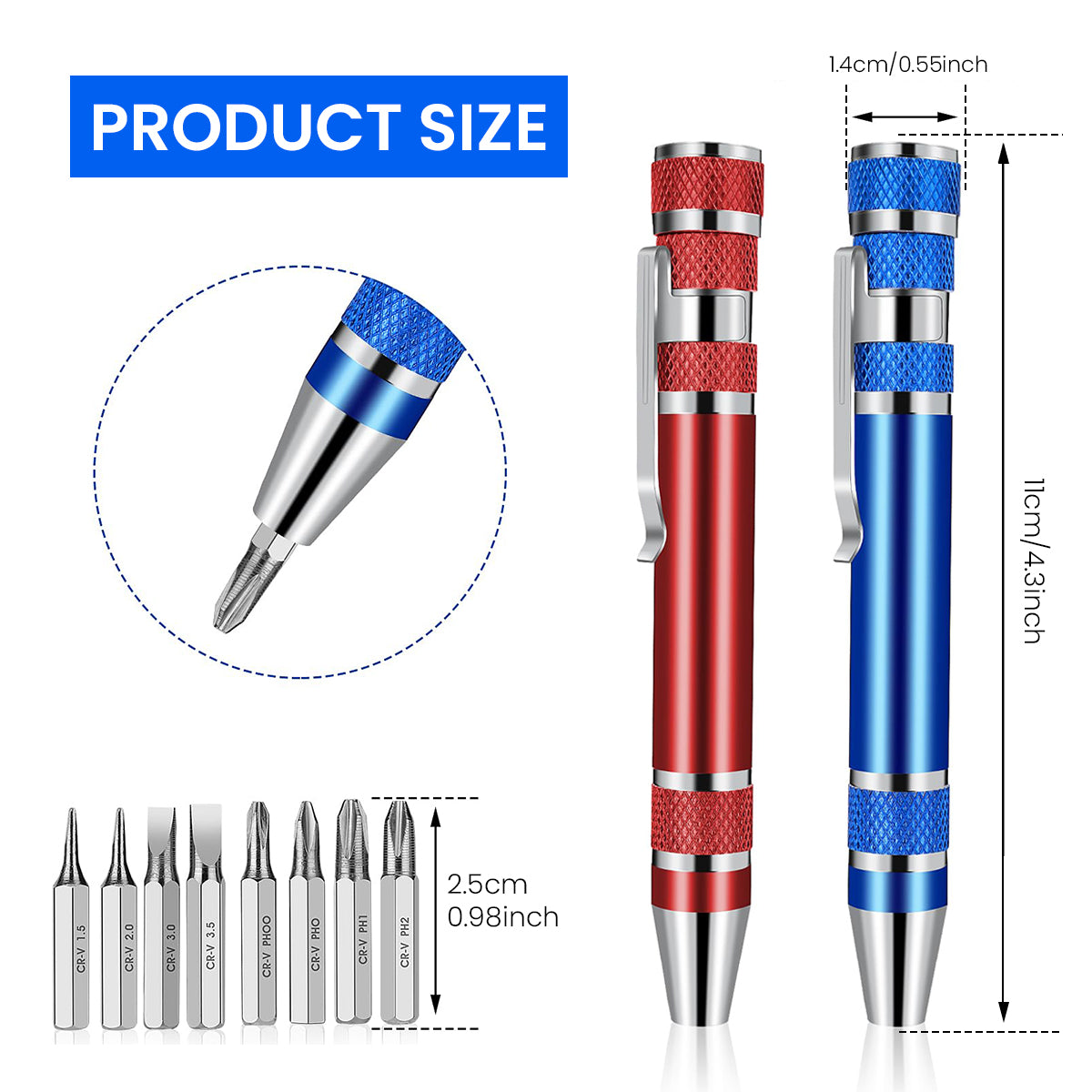 Serplex 2pcs Precision Screwdriver Tool Pens with 8pcs Screwdriver Bits Heavy Duty Aluminum Alloy Screwdriver Tool with Intergrated Bit Storage Bin Portable Pocket Screwdriver Pen with Clip