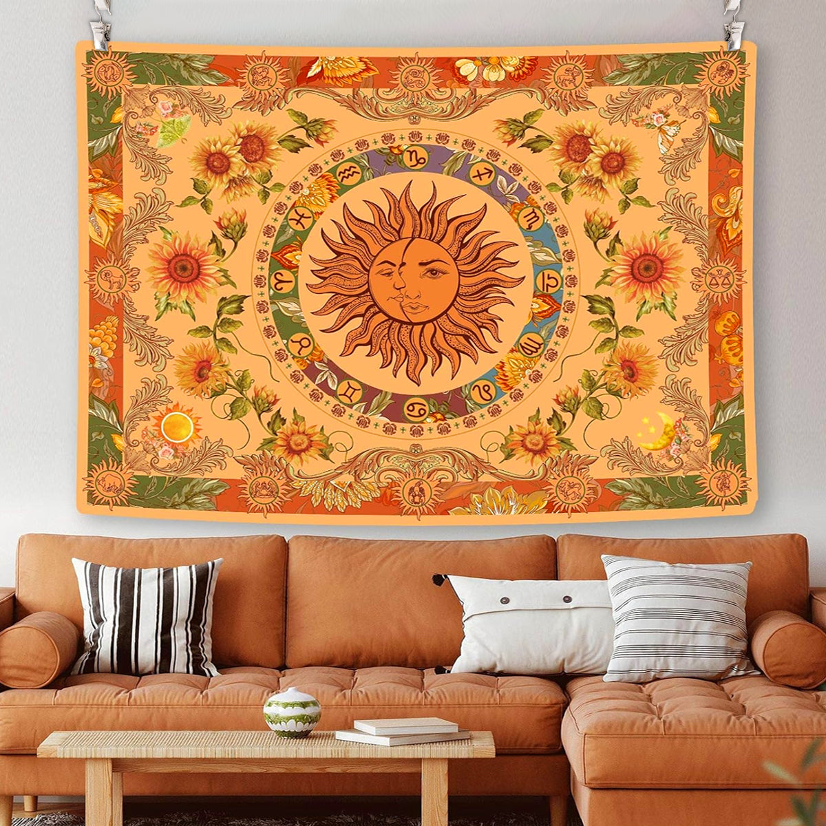 HASTHIP Sun and Moon Tapestry, Aesthetic Sun Moon Sunflower Tapestry, Retro Tapestries Wall Art Tapestry Cover Wall Hanging Room Decor for Bedroom Livingroom, 51x59 inches