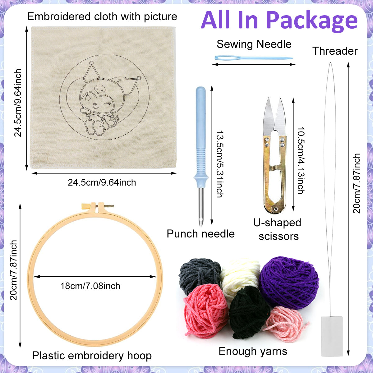 PATPAT 20x20CM DIY Tufting Art Craft Kit Cute Kuro-mi Punch Needle Kit Embroidery Kit for Beginners DIY Hoop Embroidery Kit with Embroidery Punch Needles, Hoop, DIY Art Kit Gift for Kids Adults