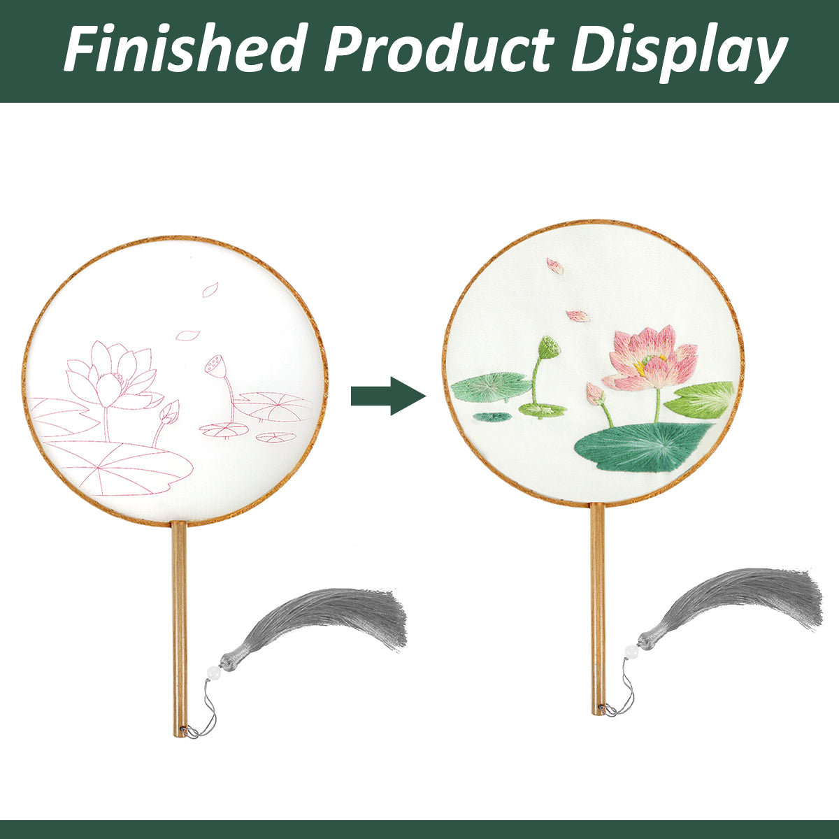 HASTHIP DIY Hand Fan Material Art Kit Handmade DIY Fabric Tassel Embroidery Lotus Wooden Handle Hand Fan Material Pack DIY Hand Fan Gift Mother's Day Gift Birthday Gift