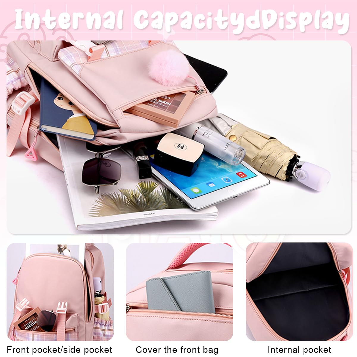 PALAY BTS Backpack for School Girls 6-12 Years Old Teens Fashion Checked Print BTS School Backpack Large Multi Layer Book Bag Travel Backpack for Teens Students School Gift for Girls, Pink
