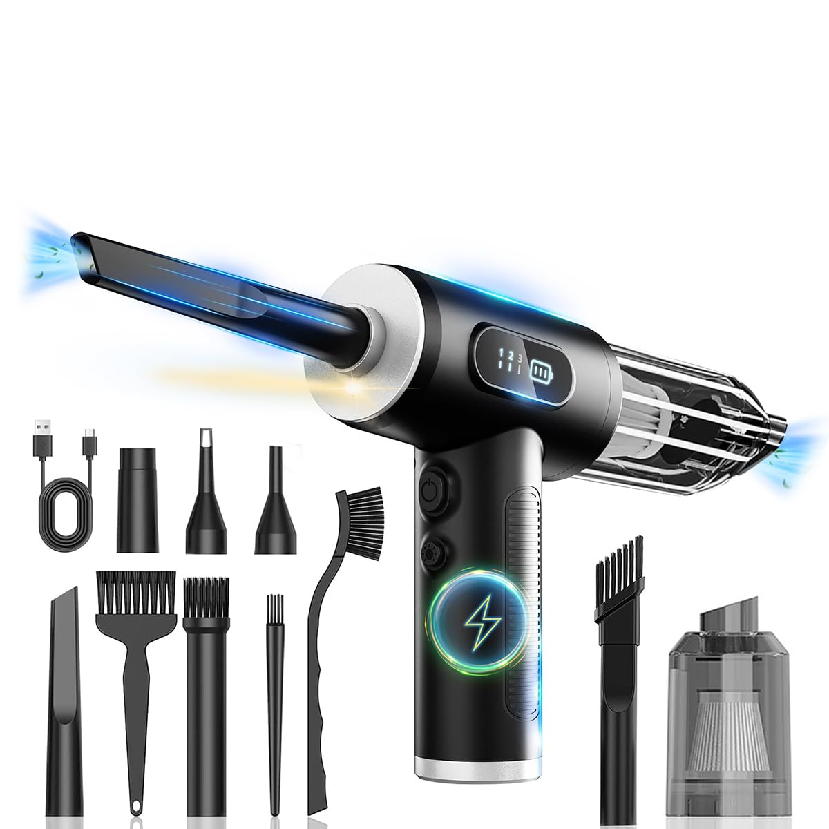 Verilux Electric Compressed Air Duster, 6000PA Handheld Cordless Air Duster, 3 Gear Adjustable 100000RPM Car Vacuum Cleaner & Multi Nozzle & LED Light, 110W 6000mAh Cordless Air Blower for Computer Keyboard