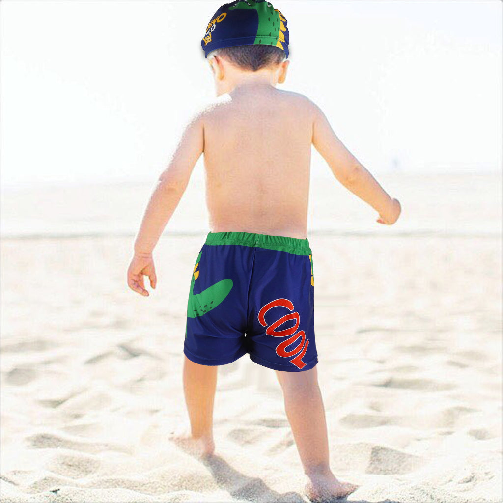 Proberos Boys Swimming Short and Cap Cartoon Dinosaur Polyester Swimming Shorts Elastic Waist Design Summer Swimming Gear for Boys 5-10 Years Old