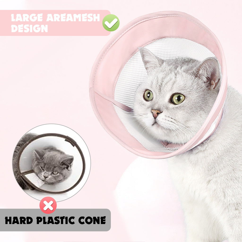 Qpets Cat Cone Drawstring Adjustable Cat Cone Lick-proof Cat Cone for Recovery Protective Collar Patchwork Breathable Mesh Cat Cone Collar for Cat