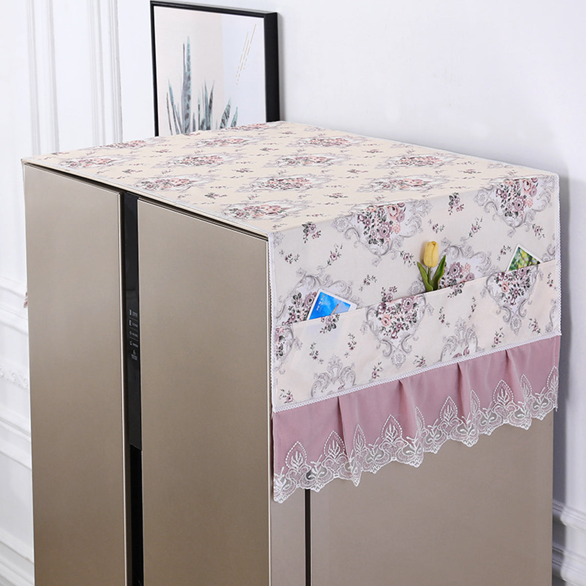 HASTHIP® Fridge Cover Fashion Floral Print Refrigerator Dust Proof Cover Refrigerator Roof Cover Lace Hem with Pockets Universal Fit Refrigerator Cover Kitchen Home Appliance Roofcover, 70x170cm