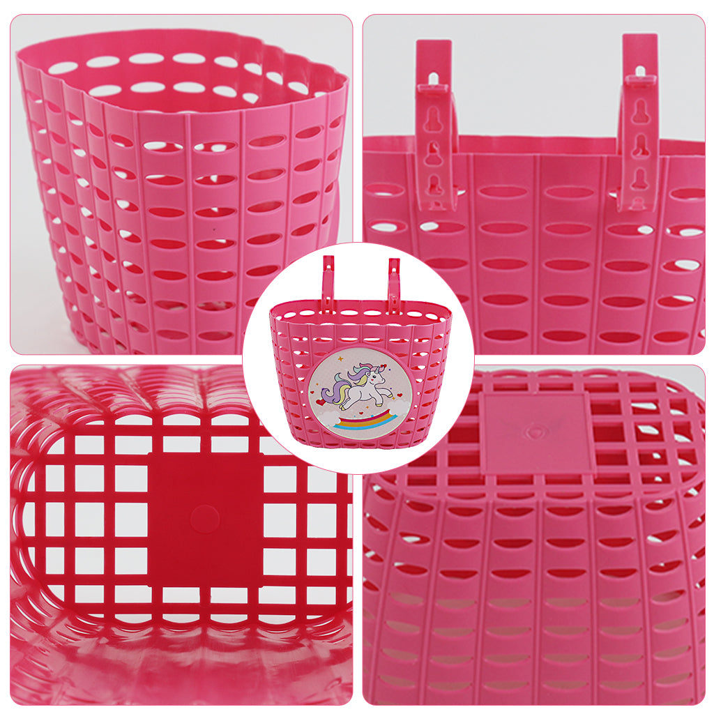 Proberos Girls Bike Basket Kids Plastic Bicycle Front Basket Cute Pink Unicorn Adjustable Fastening Strap Design Universal Basket for Kids Bicycle, Scooter, Tricycles, 20x13x15cm