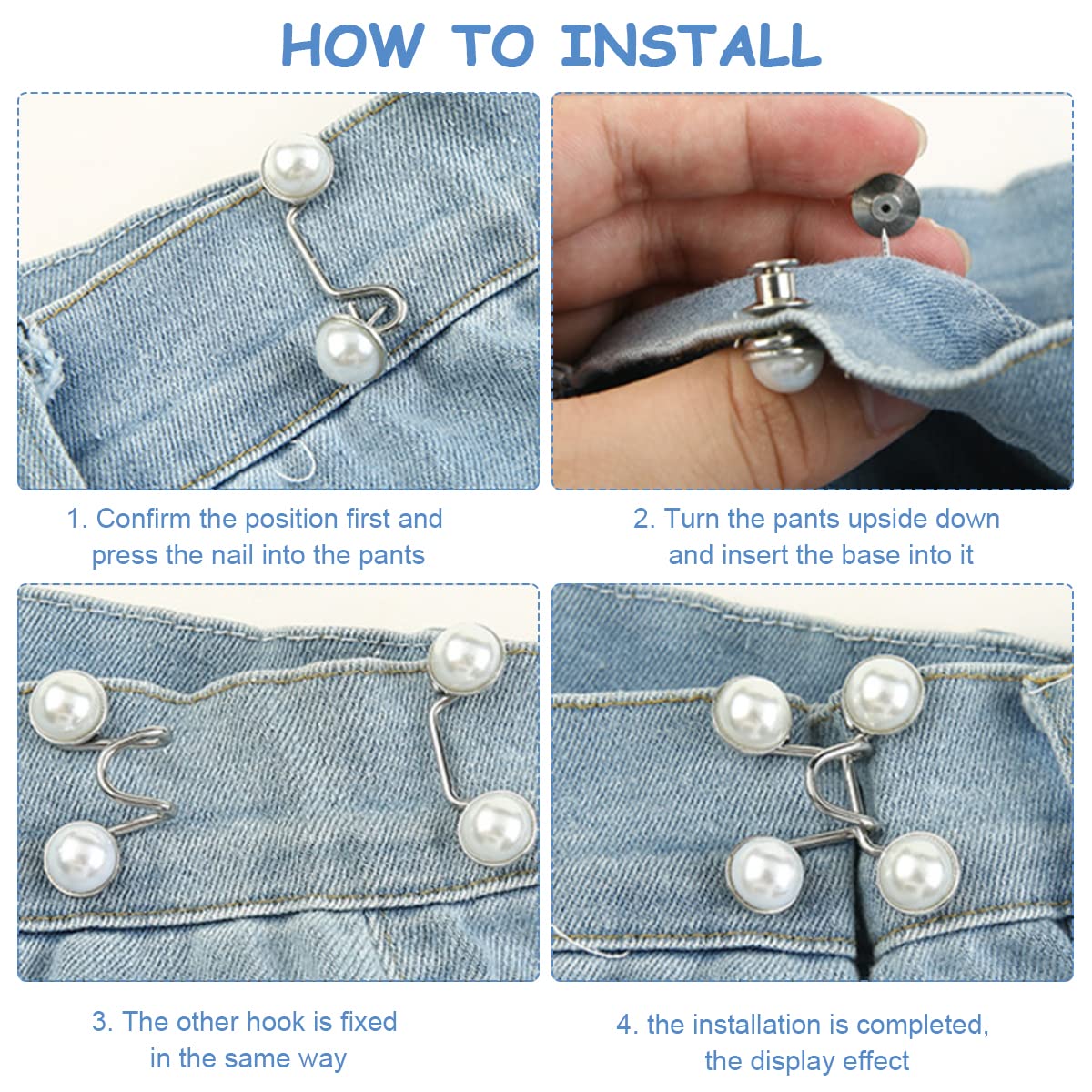 SANNIDHI 4Pcs Adjustable Waist Buckle for Loose Jeans Pants, Pearl Detachable Instant Jeans Button Pins Waist Tightener Set, Make the Waist Fit for Skirt Pants Robe, No Sewing Required