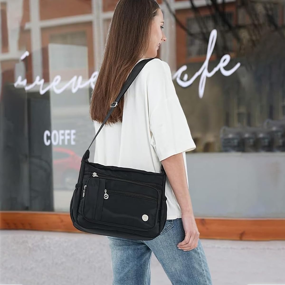 PALAY Women Shoulder Bag Crossbody Bag Nylon Waterproof Bag Multi-pocket Women Sling Bag with Adjustable Shoulder Strap Fashion Bag for Women Satchel Handbag, Black, 25x21x10cm