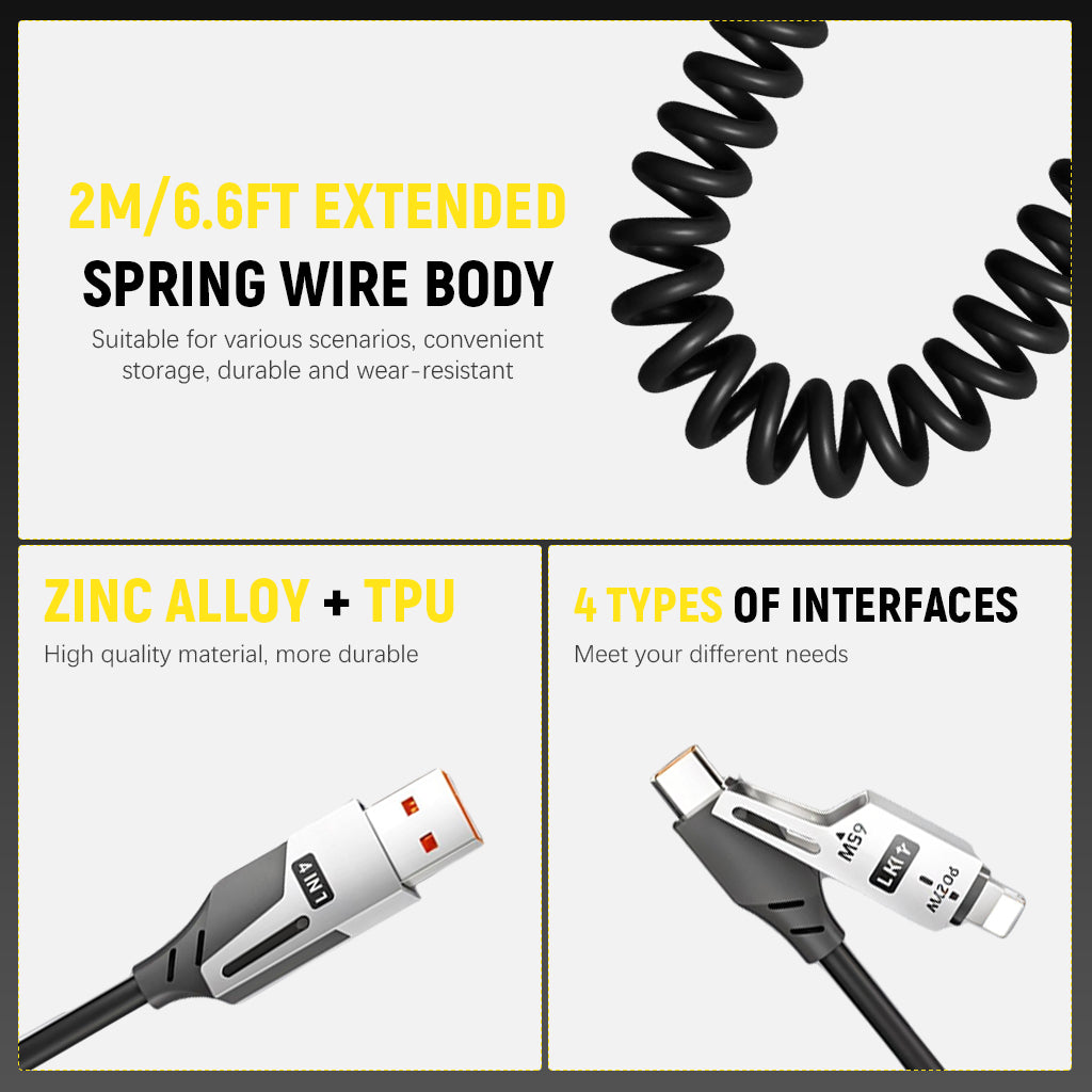 Verilux 4 in1 Type C Cable with Spring, PD65W C Type Cable Fast Charging, 480Mbps Data Transfer USB to Type C Cable, Multi Adjustable Cable with Type C/USB A/Light-ning Port for iPhone 16/15, Black