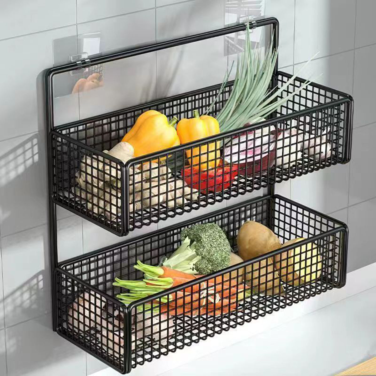 HASTHIP 2Pcs Kitchen Organizer Basket Wire Basket Organizer Shower Caddy No Drill Wall Mounting Multipurpose Metal Basket Organizer for Kitchen, Bathroom, Living Room, Dorm, Size M/L