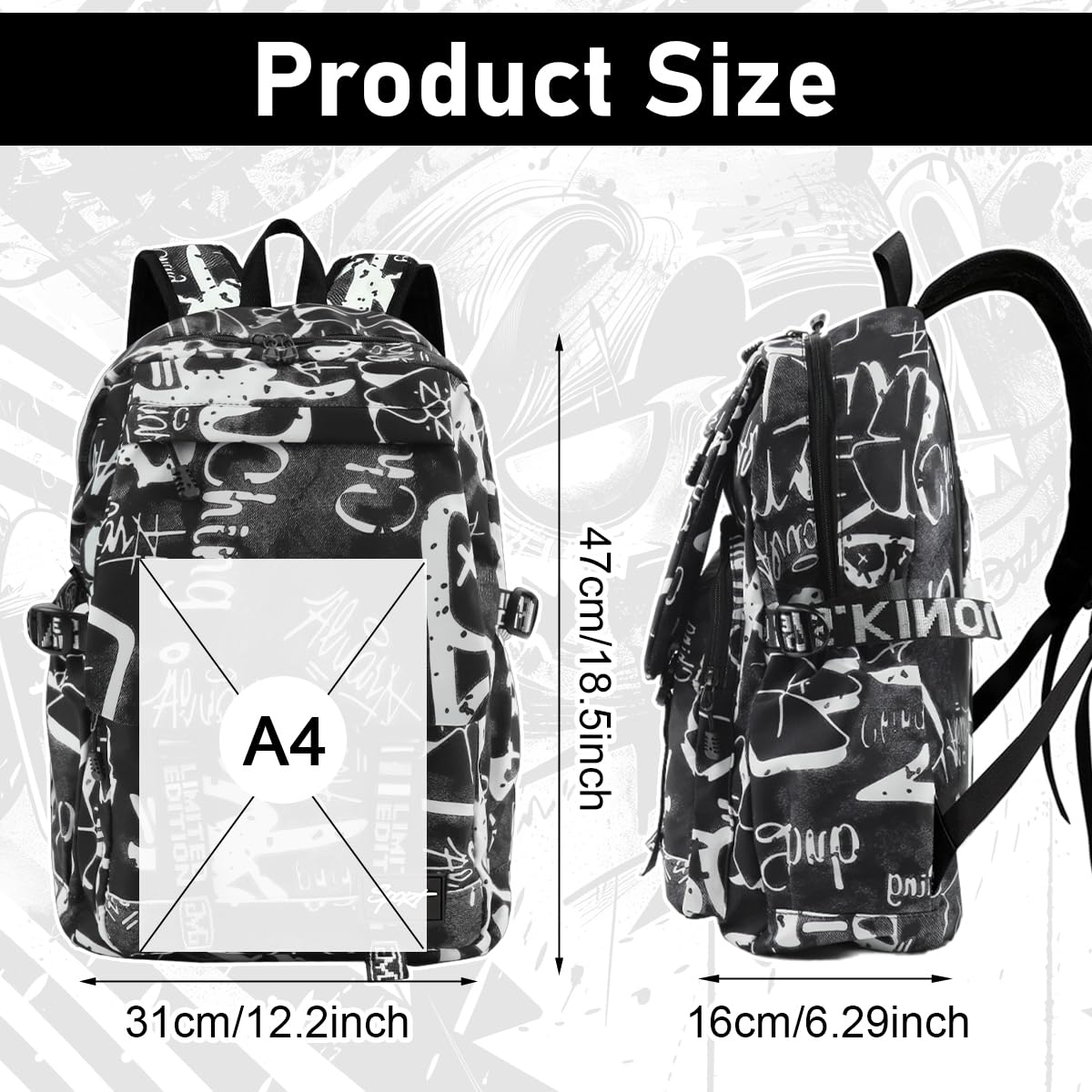 PALAY Travel Backpack Casual Backpack Nylon Backpack School Students Backpack Lightweight Fashion Graffiti Print Black Backpack Outdoor Travel Backpack Laptop Backpack