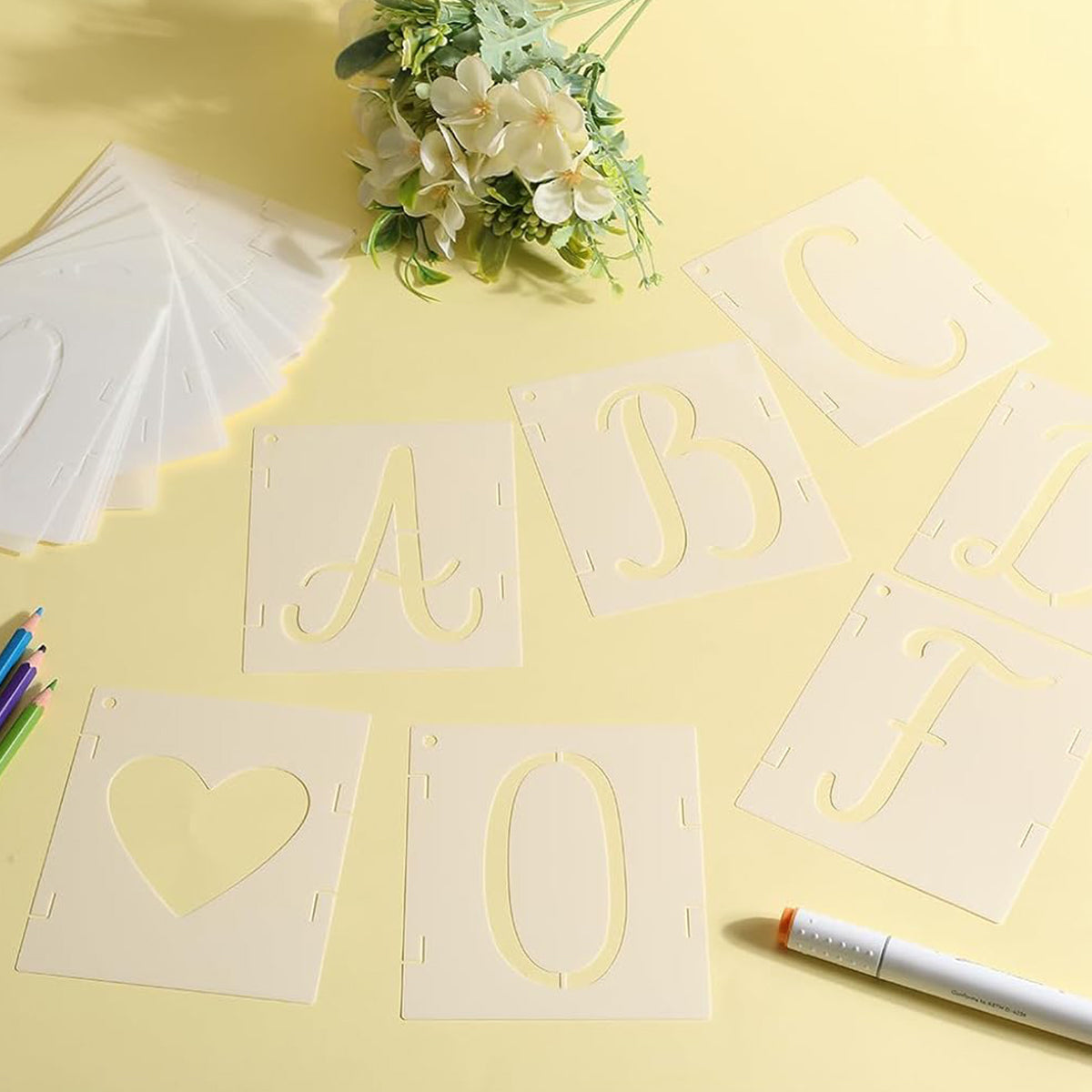 HASTHIP Alphabet Letter Stencils, 42Pcs Reusable Plastic Letter Number Symbol Interlocking Drawing Template Kit for Painting on Wood, Wall, Fabric, Rock, Signage, Door Porch
