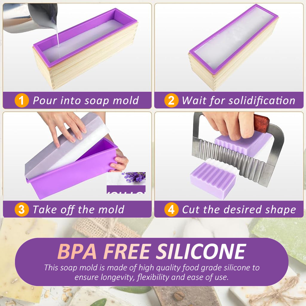 HASTHIP Silicone Soap Mold With Wooden Box, 1200g/42Oz Large Capacity Flexible Rectangular Loaf Mold, Stainless Steel Wavy + Straight Scraper for Soaps Making