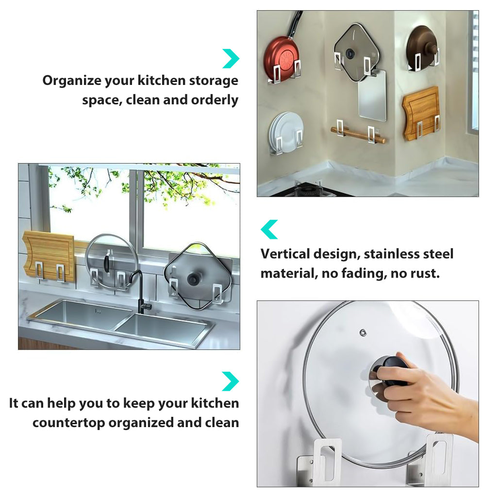 HASTHIP 4Pcs Wall Pot Lid Holders Rackets Pre-punched Hole Design Stainless Pot Lid Organizer Holder Space Saving Kitchen Utility Wall Brackets for Pot Lids, Pan, Chopping Board