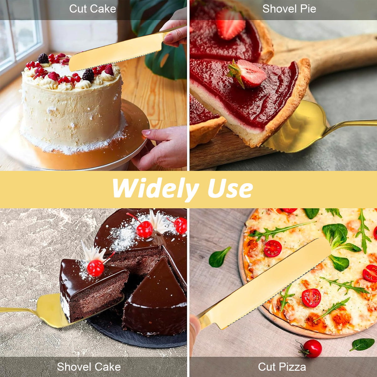 HASTHIP Cake Cutter Cake Server Set Golden Stainless Steel Serrated Edge Cutter Triangle Cake Server for Birthday Cake, Pizza, Pie, Kitchen Tool, Party Supplies