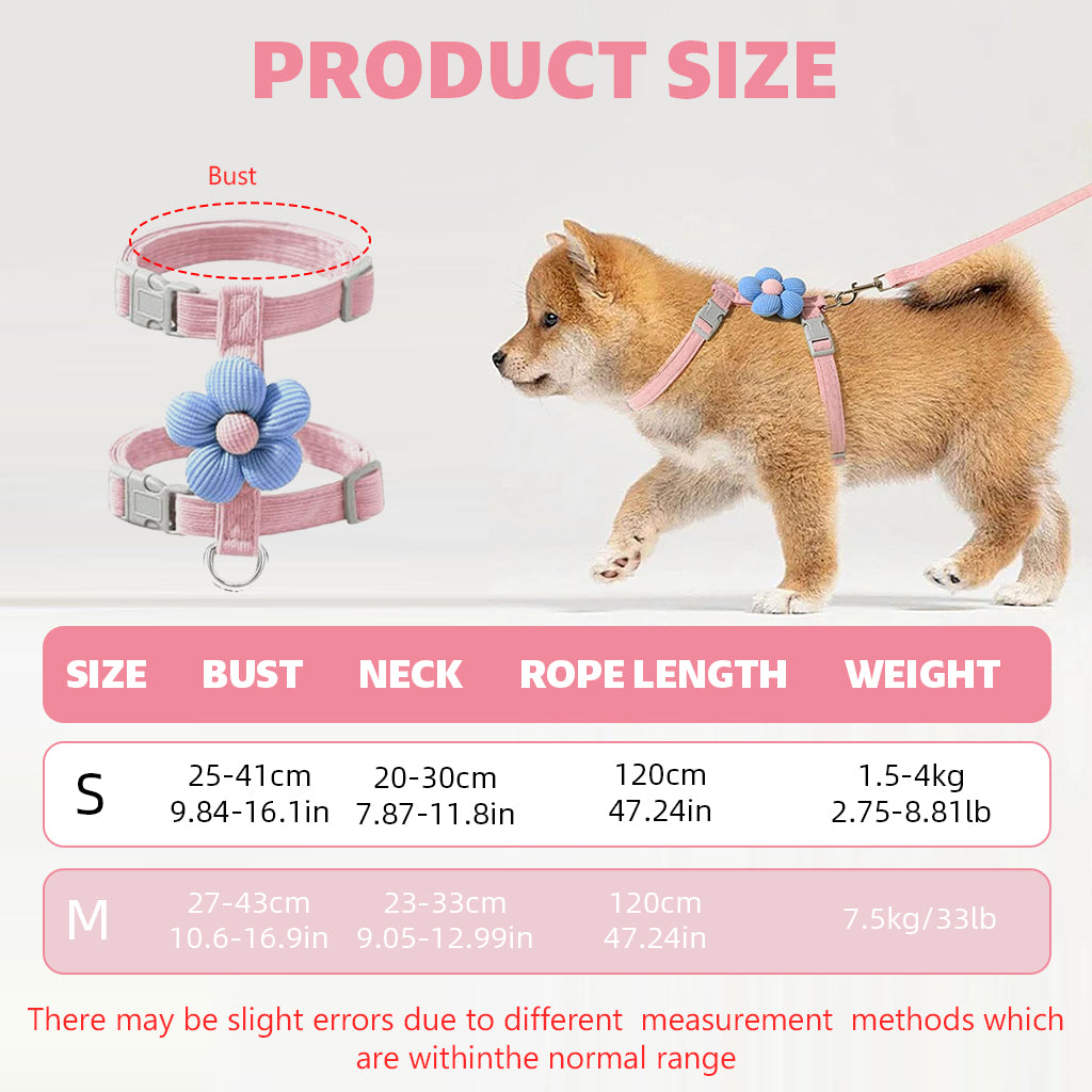 Qpets Cat Harness with Leash, Cat Harness and Leash Set for Small Cats with Quick Release Buckle, Escape-Proof Cute Flower Cat Belt for Outdoor Walking & Travel (M, Chest 27-43cm, Neck 23-33cm)