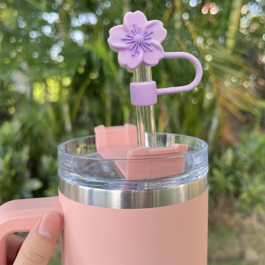 HASTHIP® 5Pcs Flower Straw Caps Multi Color Silicone Kawaii Sakura Straw Caps Stanley 30&40 Oz Cups Cherry Blossom Straw Covers Universal 10mm Straw Covers for Glass Straws, Stainless Steel Straws
